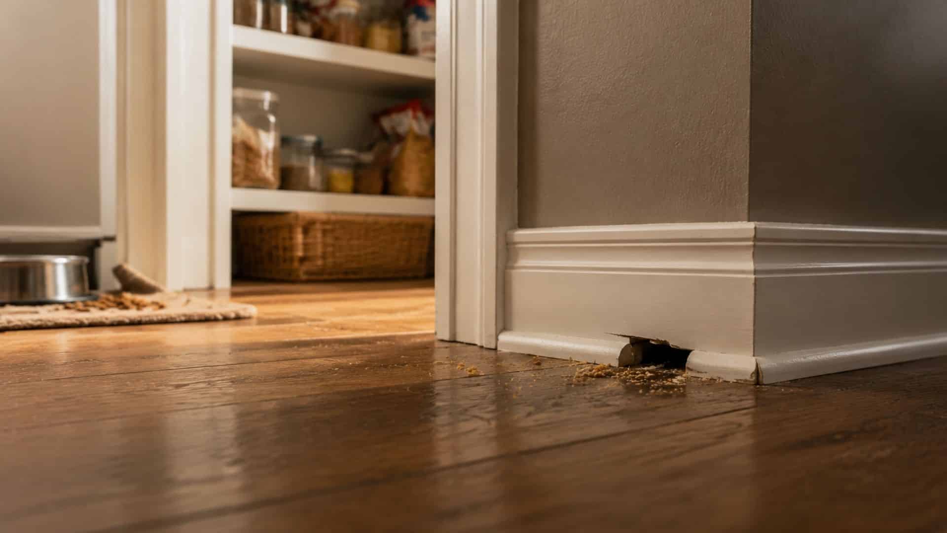 Realistic kitchen corner with baseboard gap and crumbs showing mouse entry point near pantry floor.