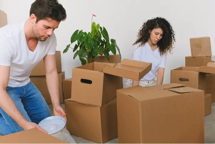 People packing dishes into cardboard boxes in a room with a potted plant