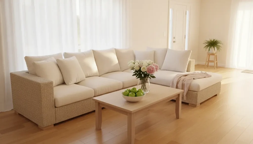 Cream-colored sectional sofa in sunlit living room with wooden coffee table and apples in bowl