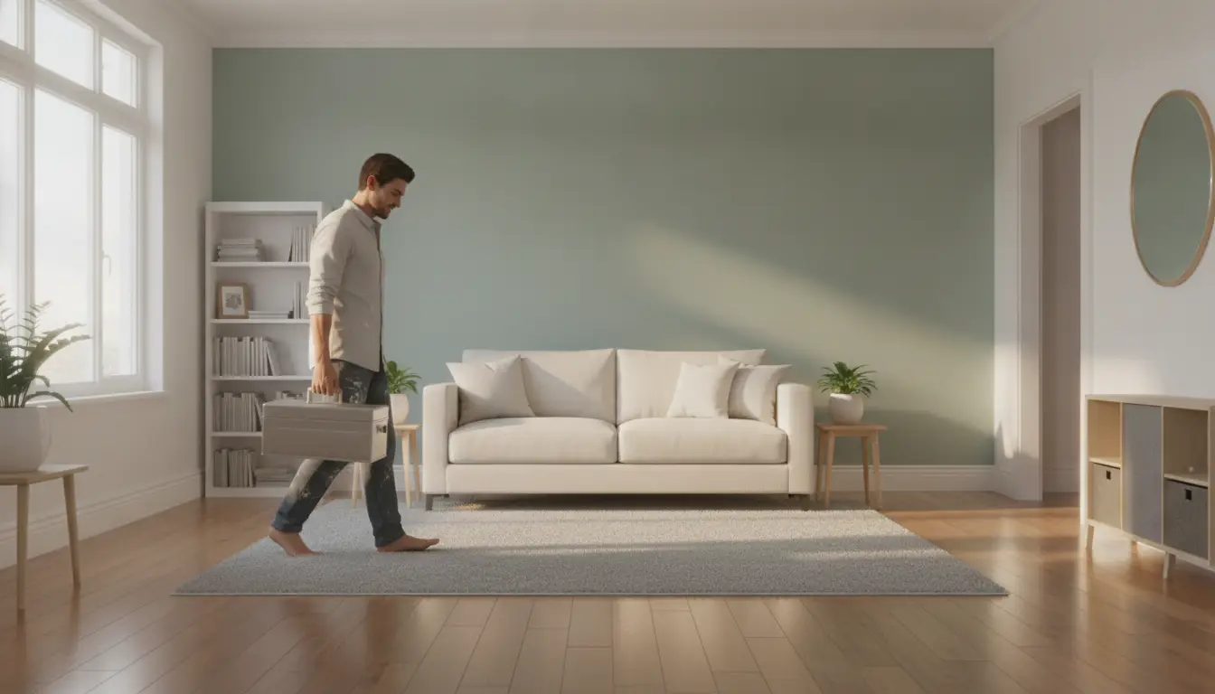 Man carrying toolbox in modern living room with beige sofa and wooden flooring