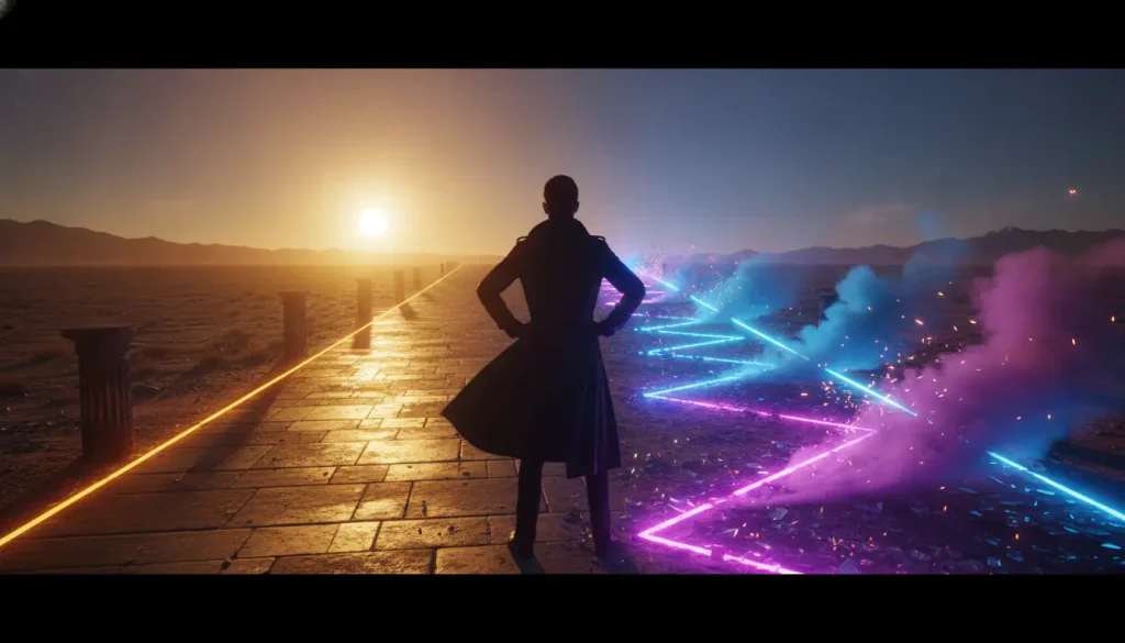Person in dark coat facing sunset on pathway with colorful neon smoke in desert landscape