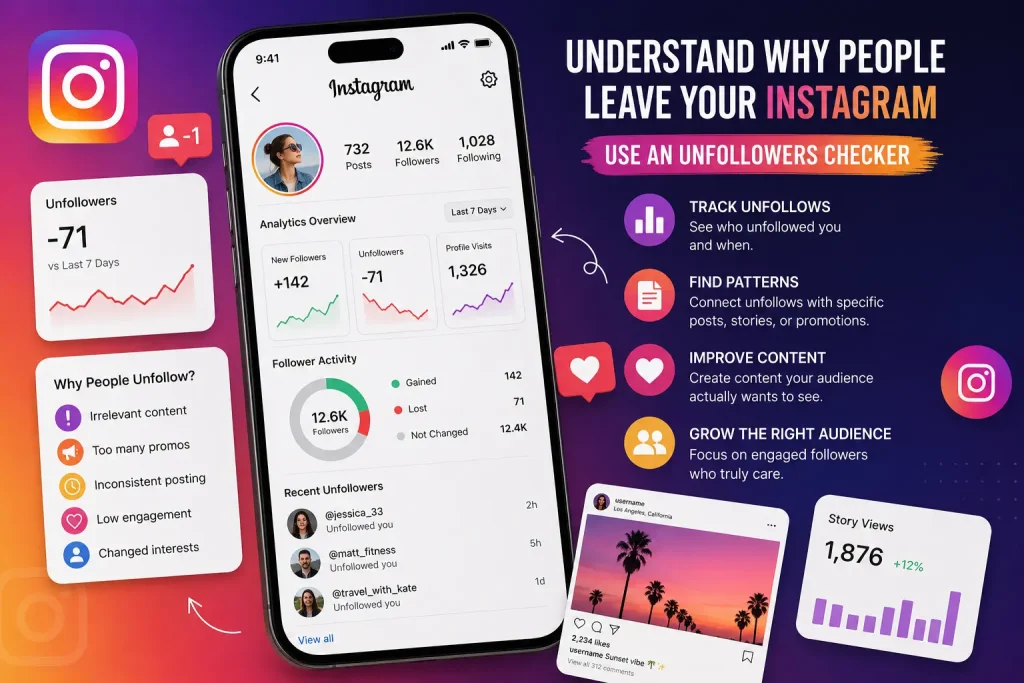 Instagram app analytics screen showing follower statistics and engagement on gradient background