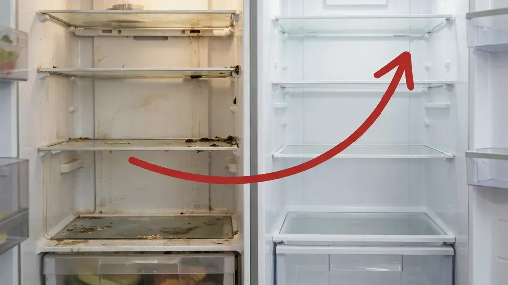 Split image comparing a grimy, stained refrigerator interior with a spotless, clean fridge after deep cleaning