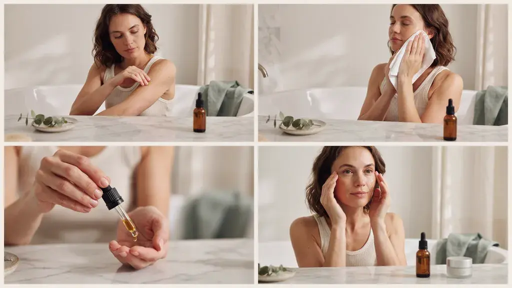 Rosehip oil skincare routine showing patch testing, cleansing, drop application, and facial moisturizing steps in a 2x2 grid layout.