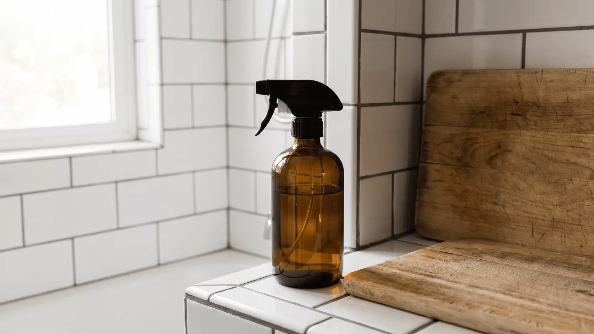 Hydrogen peroxide spray for disinfecting tiles, grout, and household surfaces.