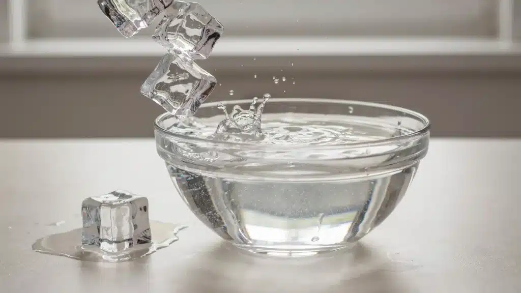 Glass bowl filled with ice cubes on a bathroom counter with white towels beside it.