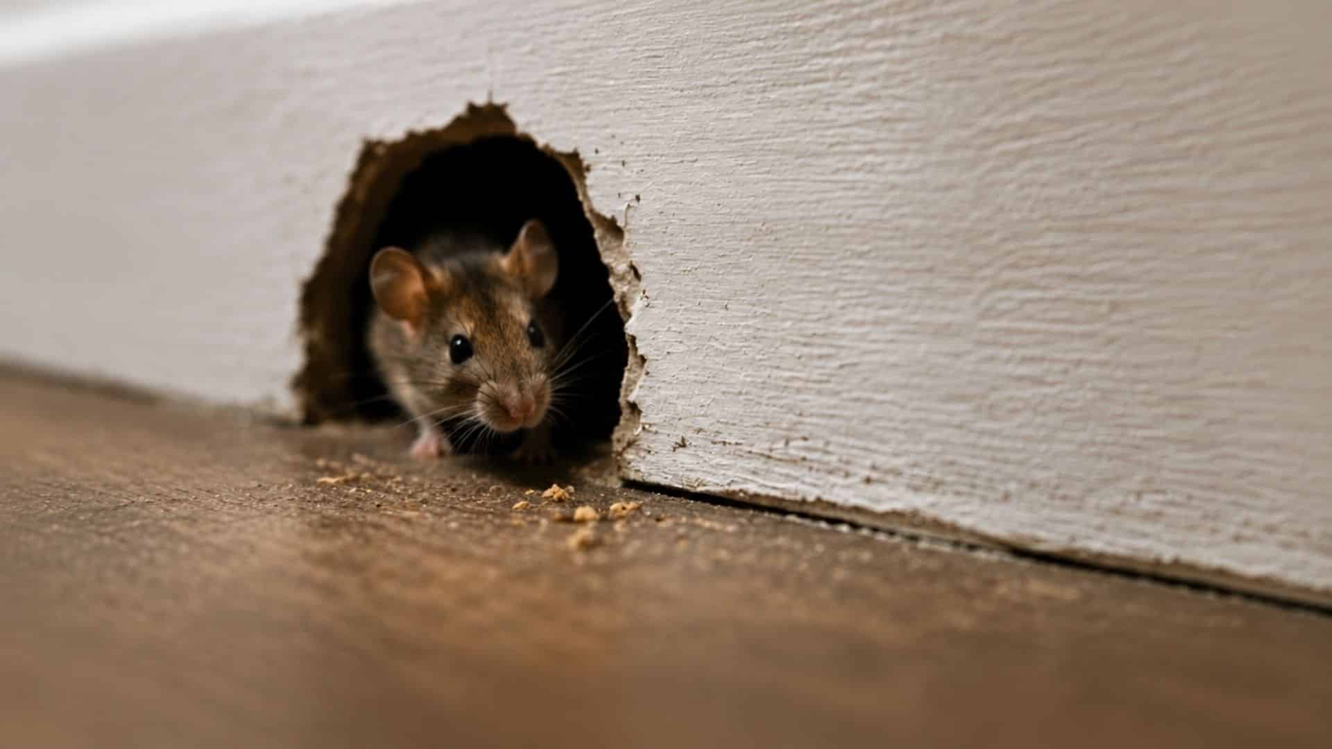 Mouse peeking out of a chewed hole in a white baseboard near the floor.