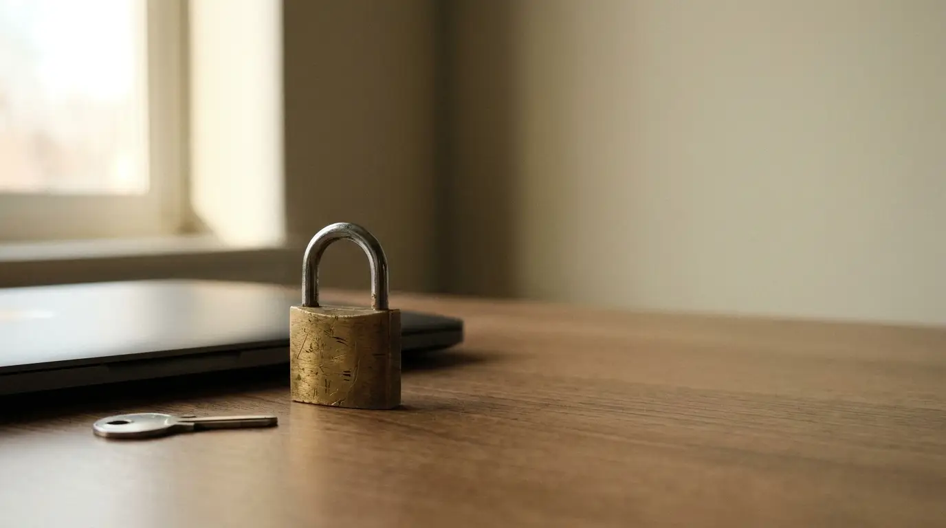 Padlock and key on wooden desk next to closed laptop in natural light