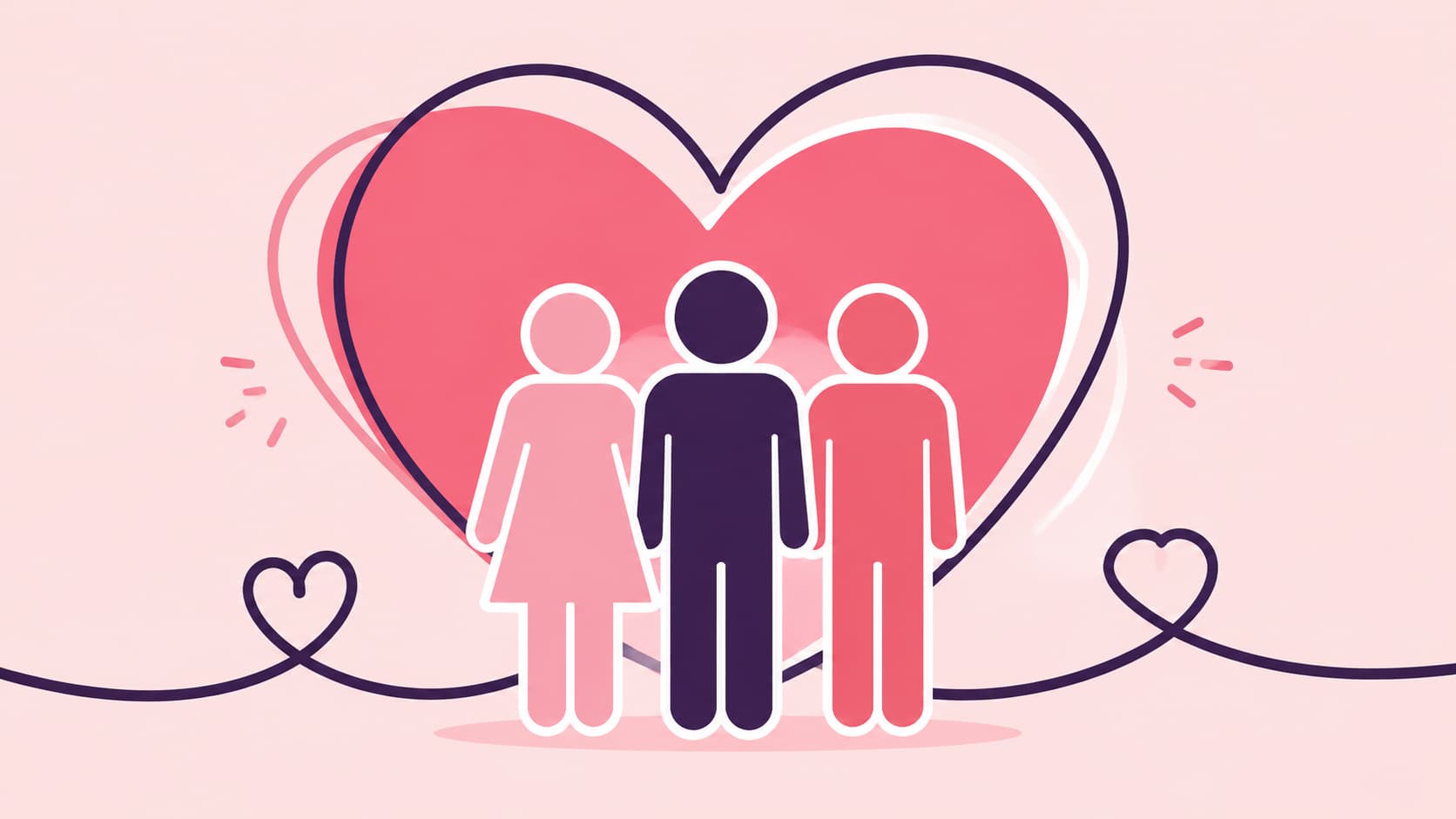 Three stylized figures standing together under large heartsymbol representing polyamorous relatnship.