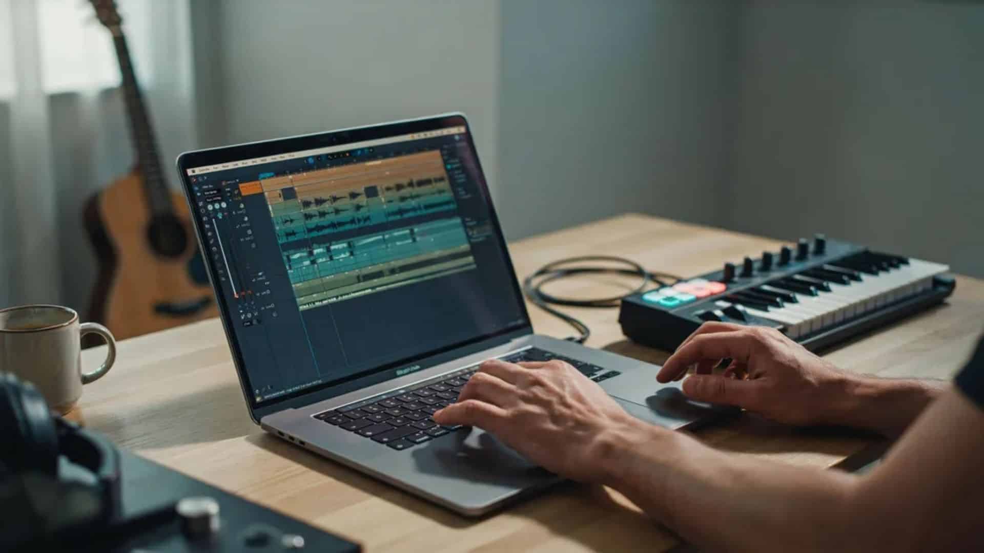 Close-up of musician hands working on music production in home studio with laptop and MIDI keyboard, soft light.