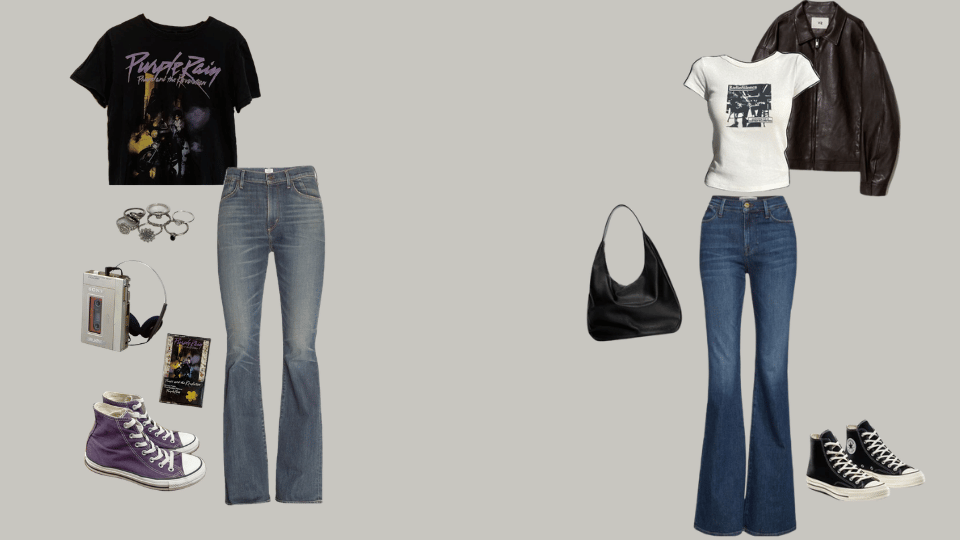 indie rock outfit with band tee, ripped jeans, leather jacket, combat boots, and crossbody bag.