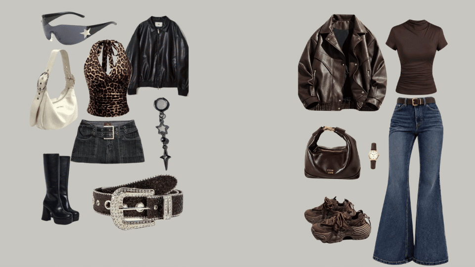 indie rock outfit with band tee, ripped jeans, leather jacket, combat boots.