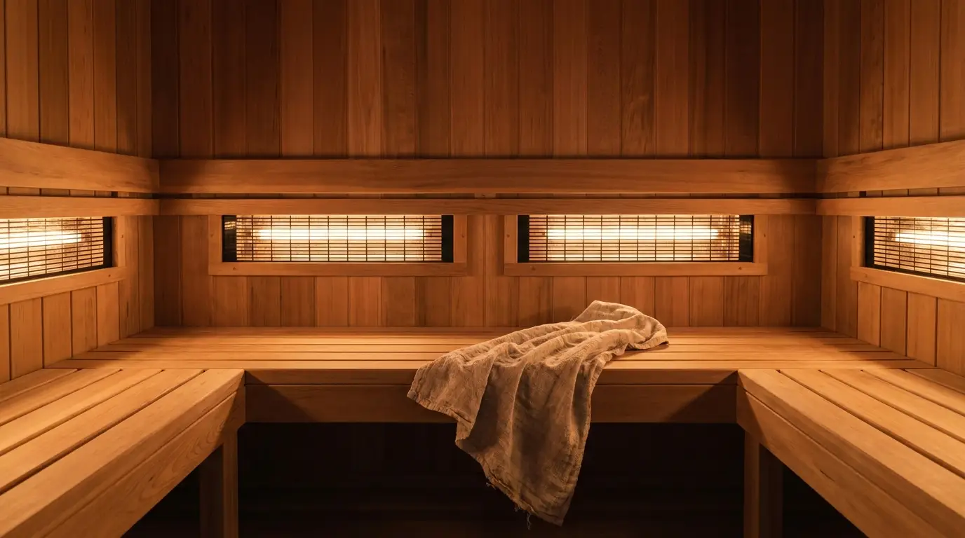 Wooden sauna interior with warm lighting and a towel on the bench