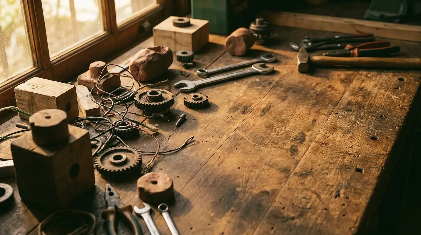 Tools and gears scattered on a wooden workbench in a sunlit workshop