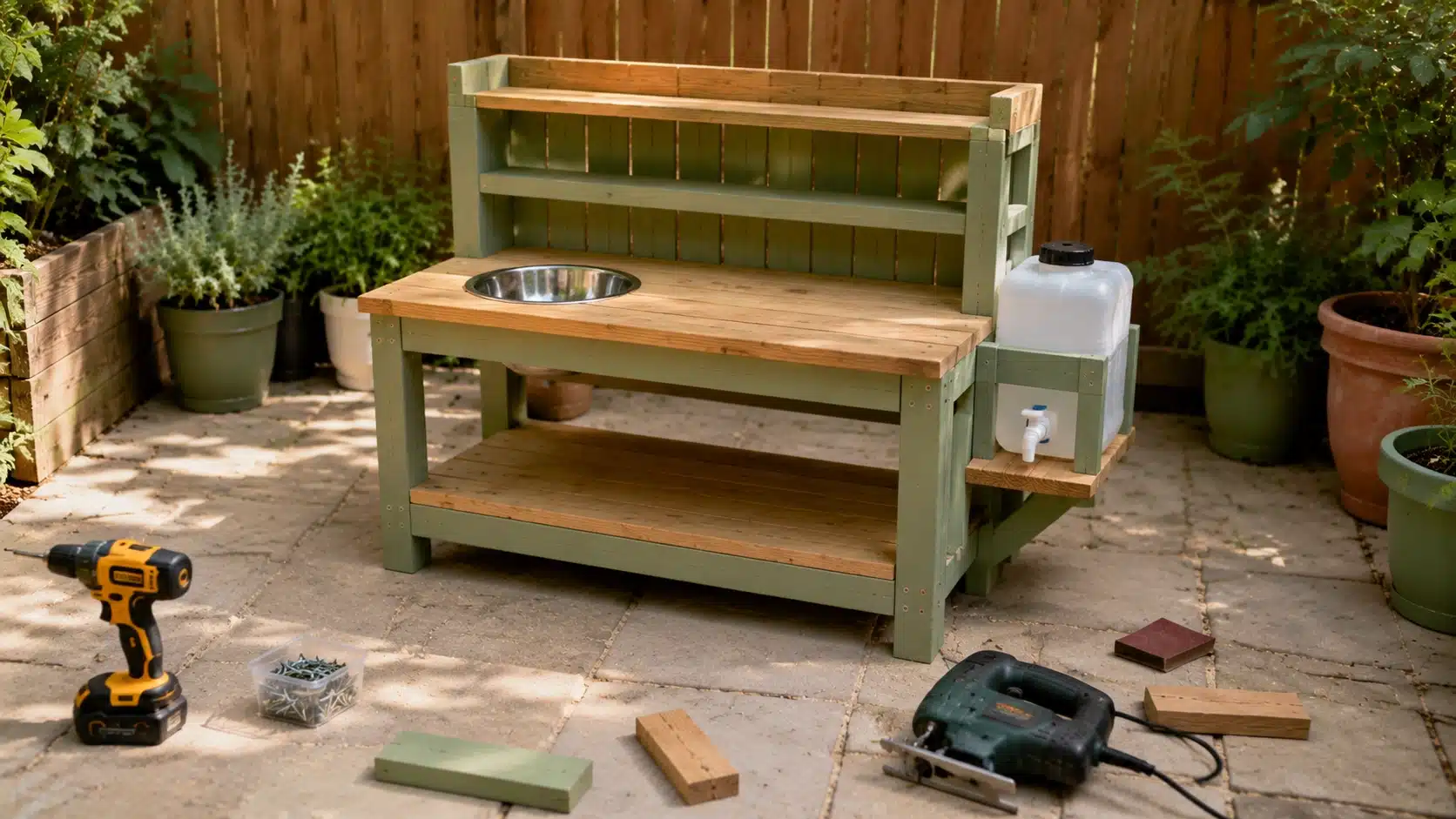 Same mud kitchen with fitted sink and small water tap setup added to the side.
