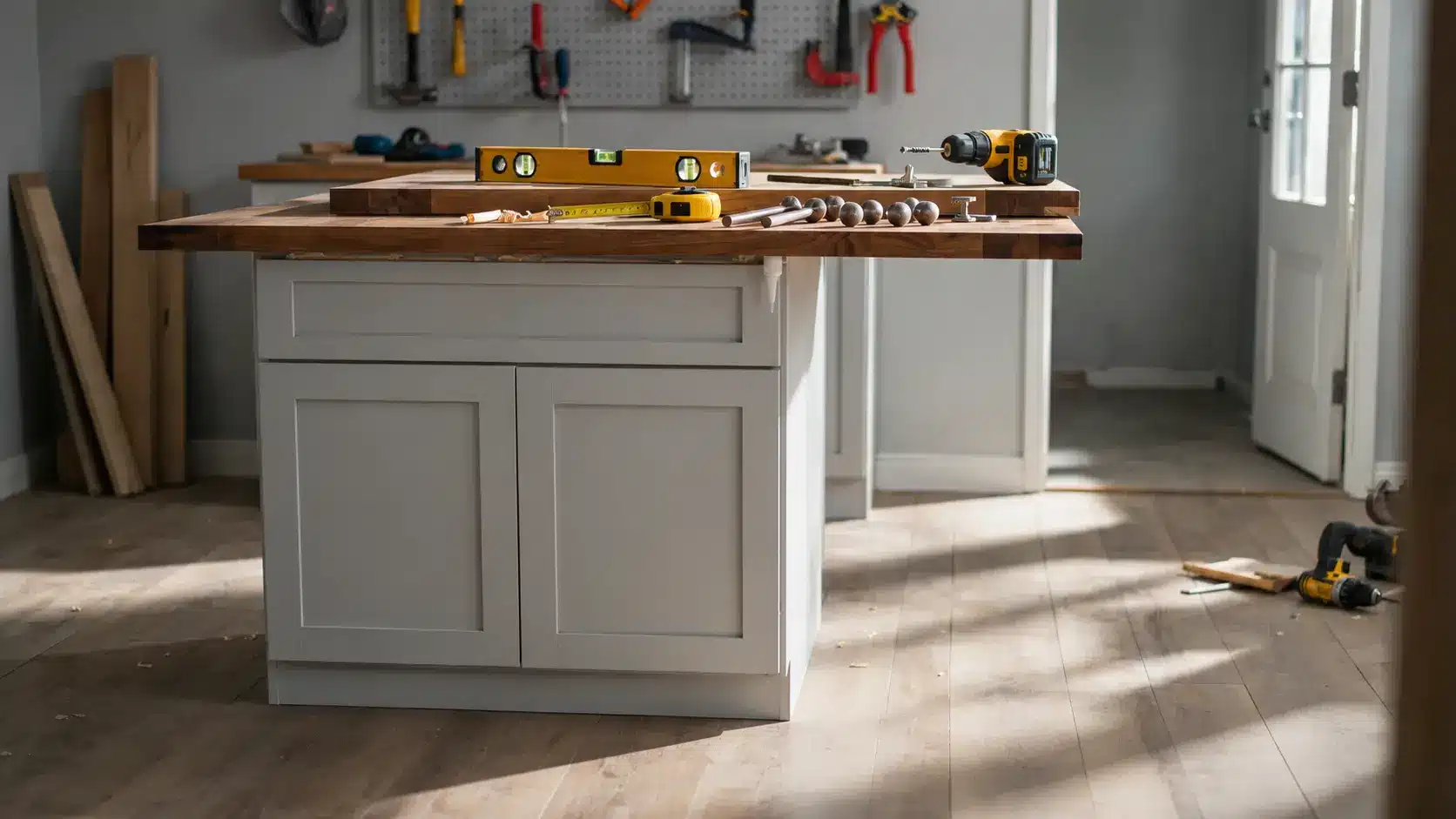 DIY kitchen island countertop installation with level, drill, tape measure, and hardware on a finished cabinet base.