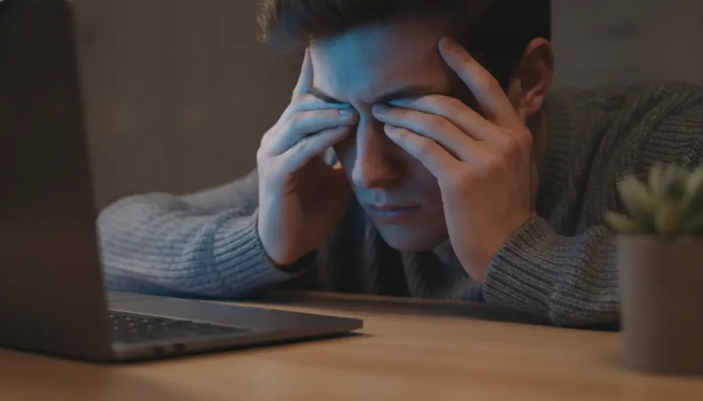 Man in gray sweater rubbing eyes in front of laptop in dimly lit room