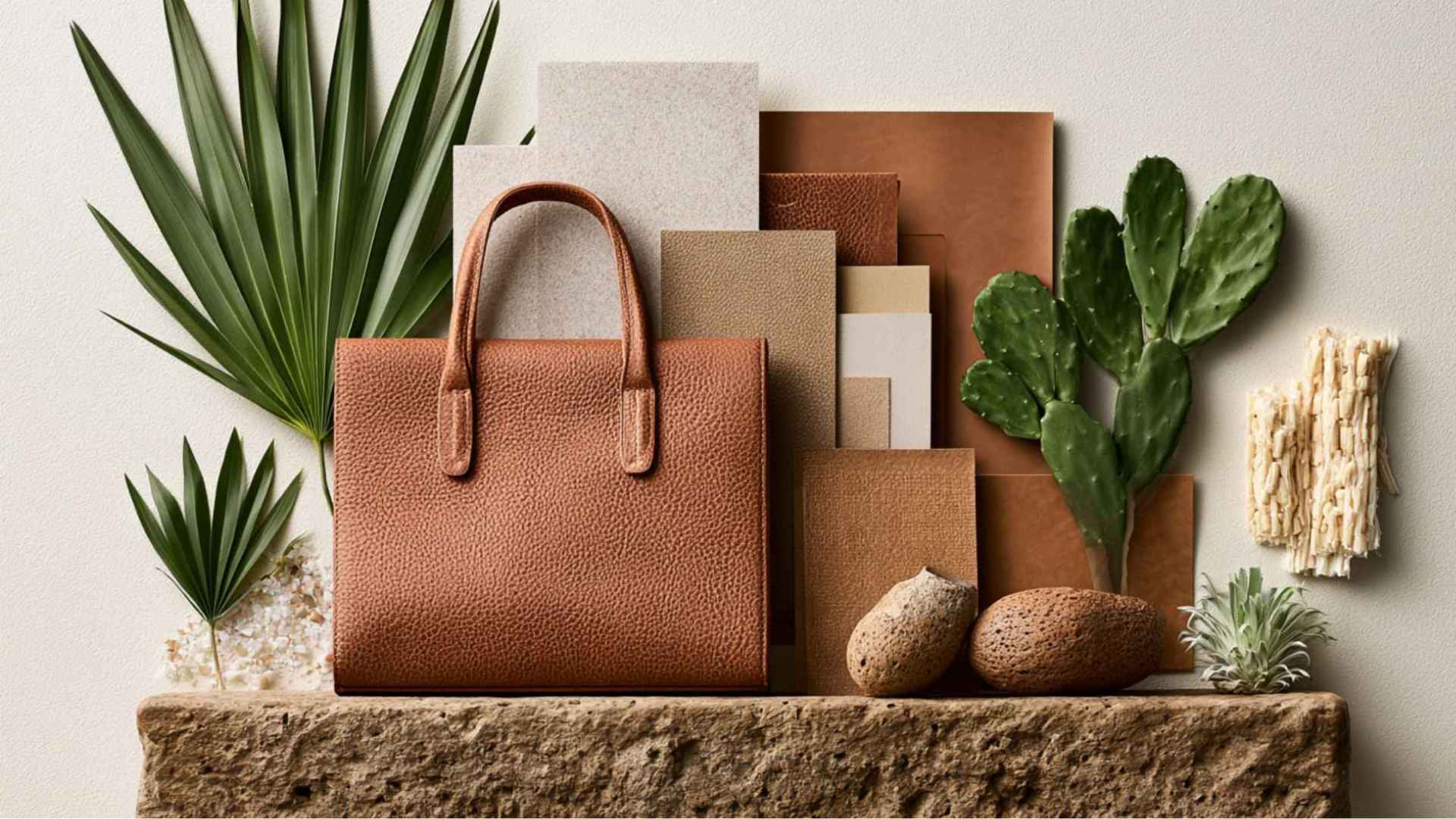 Vegan leather sustainability comparison with plant materials, synthetic plastics, and eco-friendly alternatives on display.