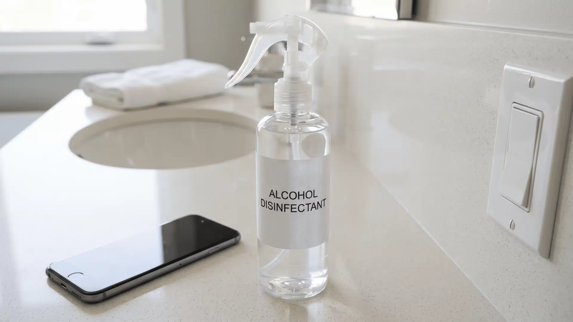 Alcohol disinfectant spray used for cleaning high-touch household surfaces.