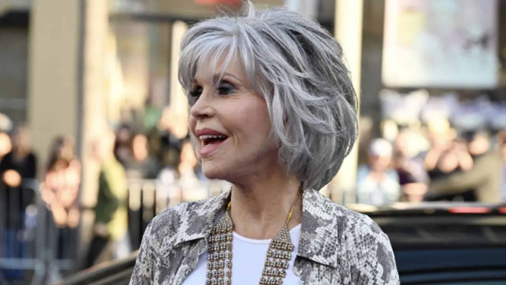 Jane Fonda with a shaggy layered bob, gray tousled hair