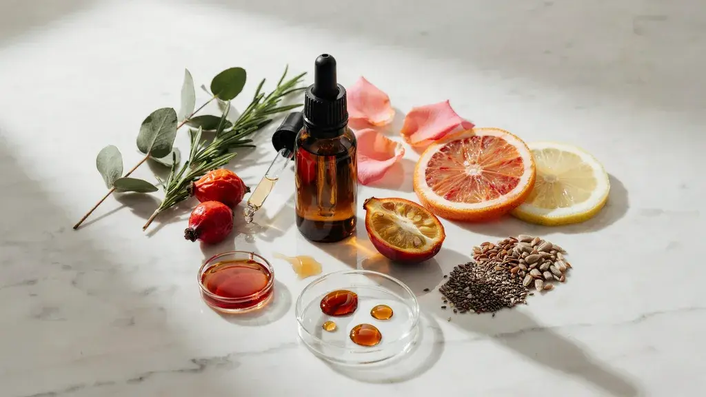 Rosehip oil bottle with fruits, petals, citrus slices, seeds, and natural ingredients arranged on marble surface