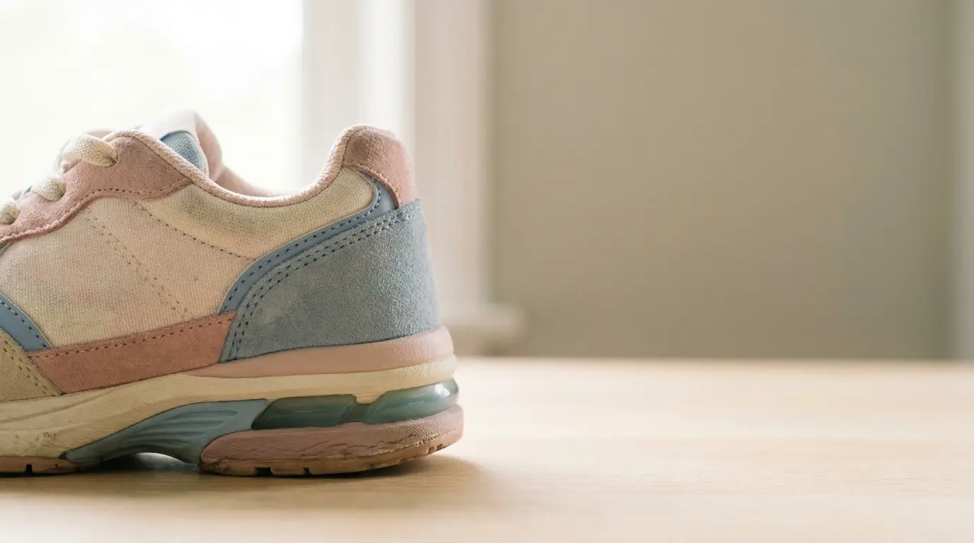 Close-up of worn pastel-colored sneaker on light wooden surface in soft natural light