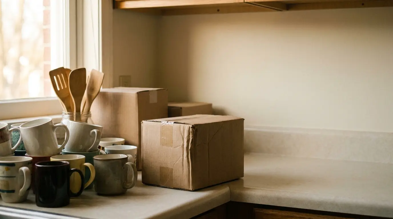 Cardboard boxes and assorted coffee mugs on a kitchen countertop in natural light