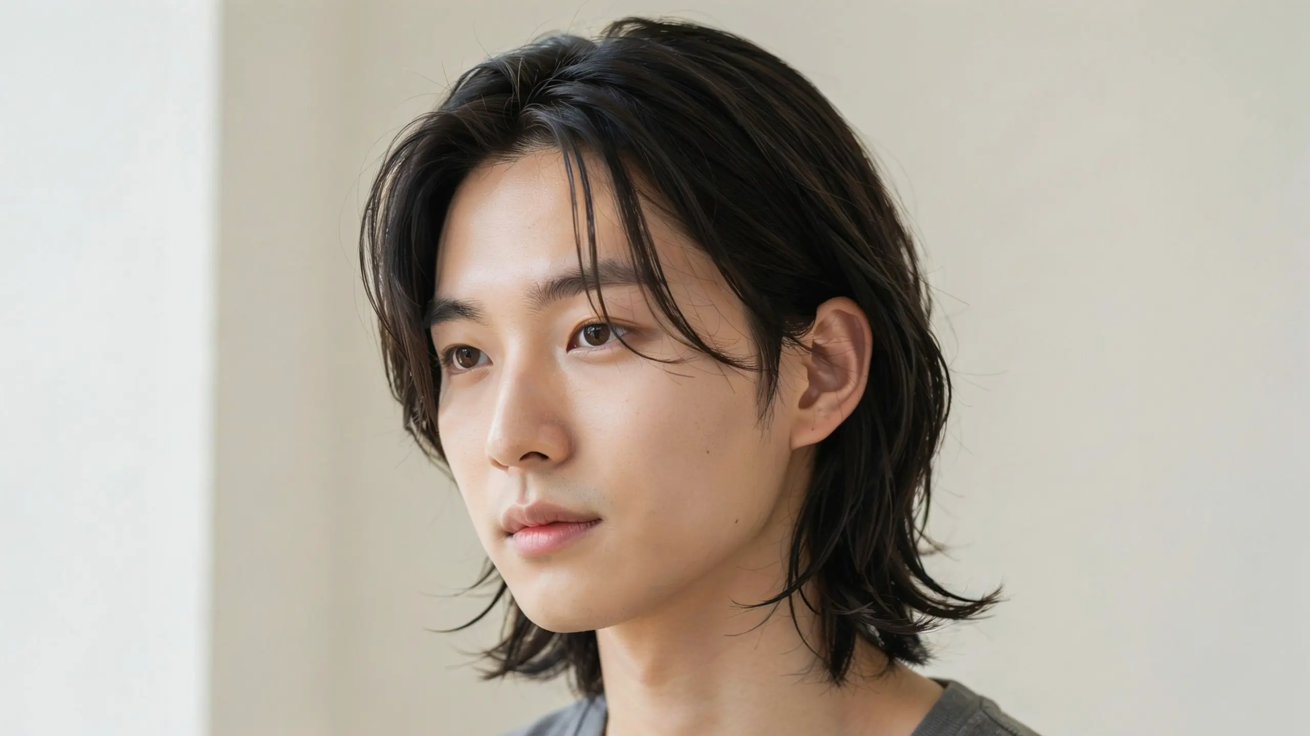 Man with a Korean C curl perm featuring inward curved ends, smooth layers, and a soft polished hairstyle.