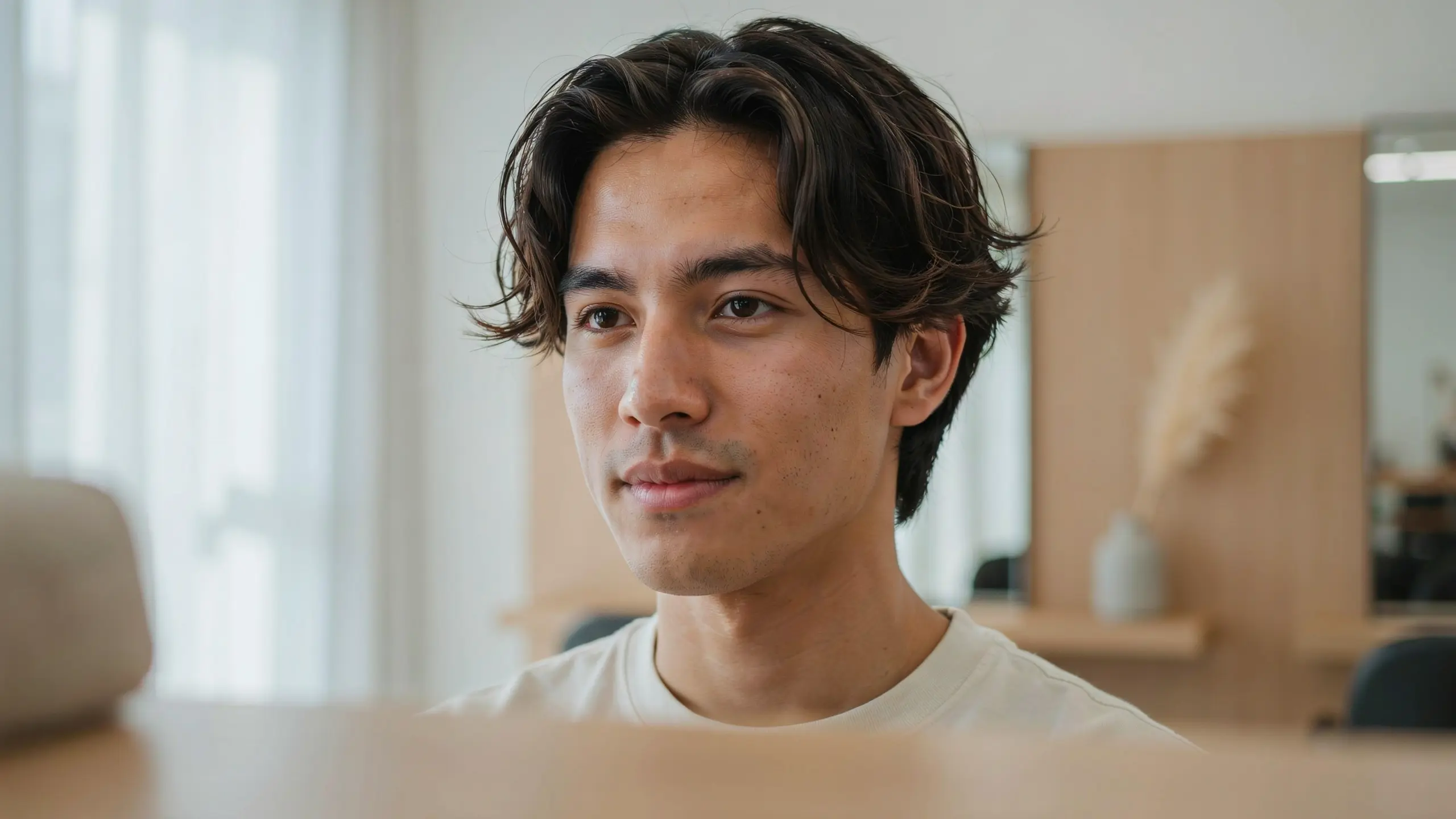 Man with a Korean down perm featuring controlled side hair, smooth texture, and a neat shape around the head.