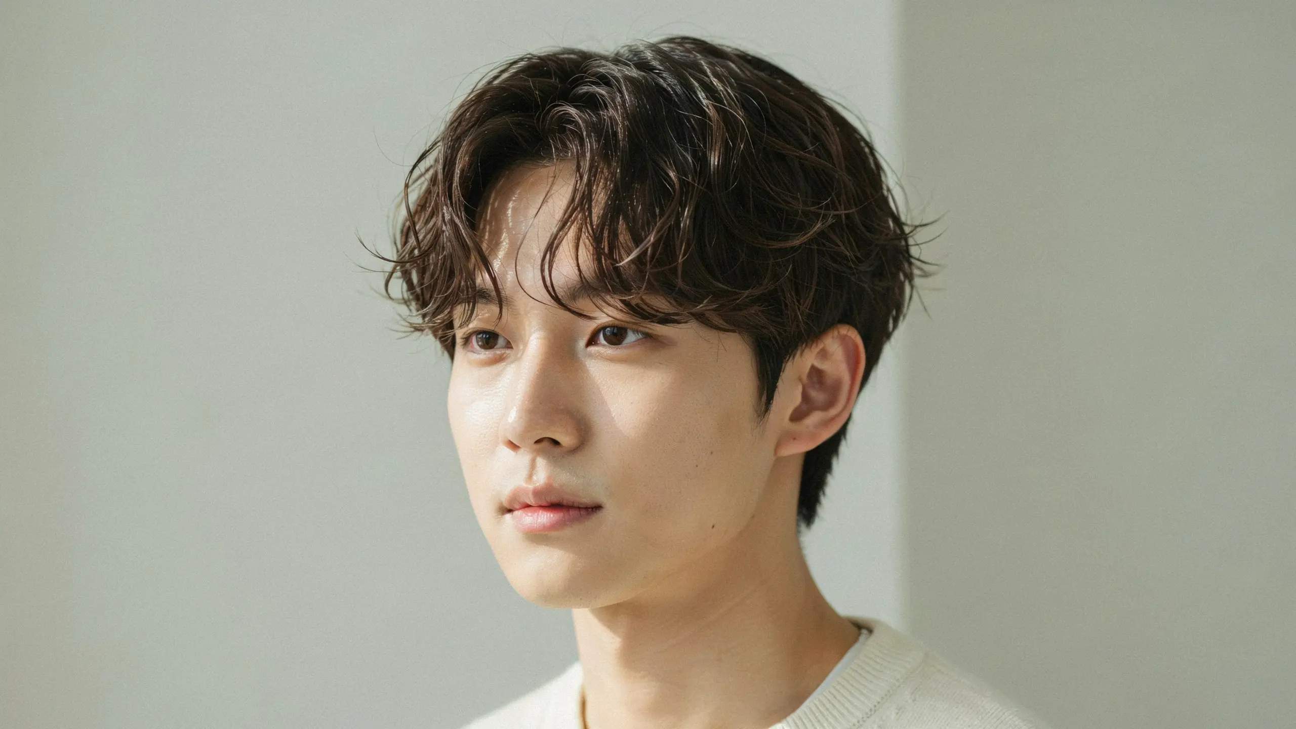 Man with a Korean leaf perm featuring curved layers, soft movement, and natural waves styled with a lightweight textured finish.