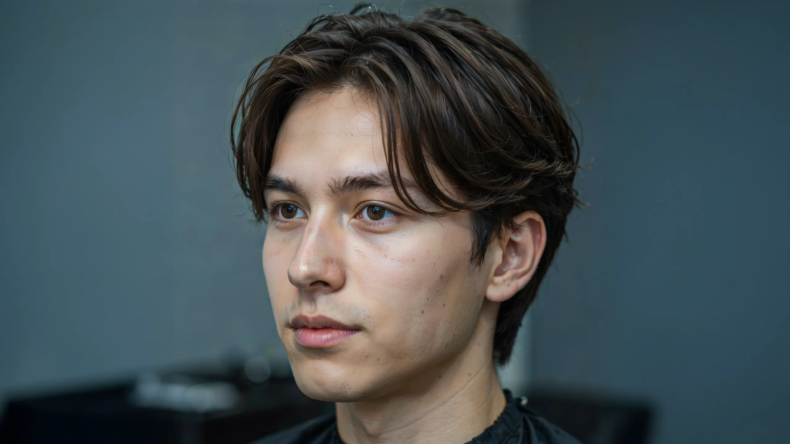Man wearing a Korean root perm with added lift at the scalp and natural volume for a fuller hairstyle.