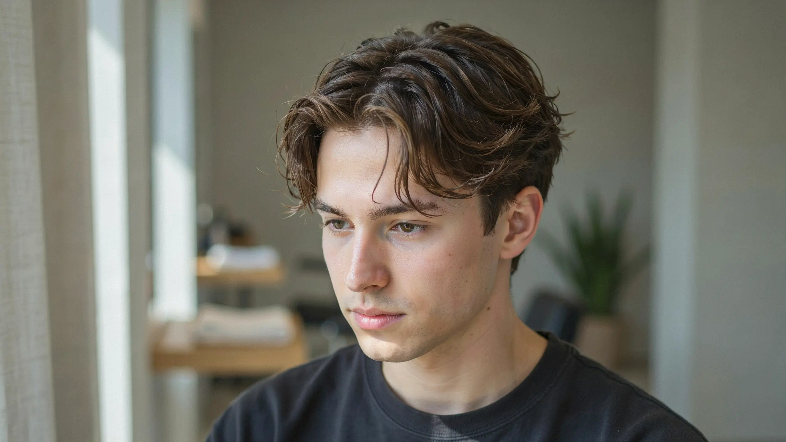 Man wearing a Korean shadow perm with subtle waves, natural texture, and a relaxed hairstyle with soft volume.