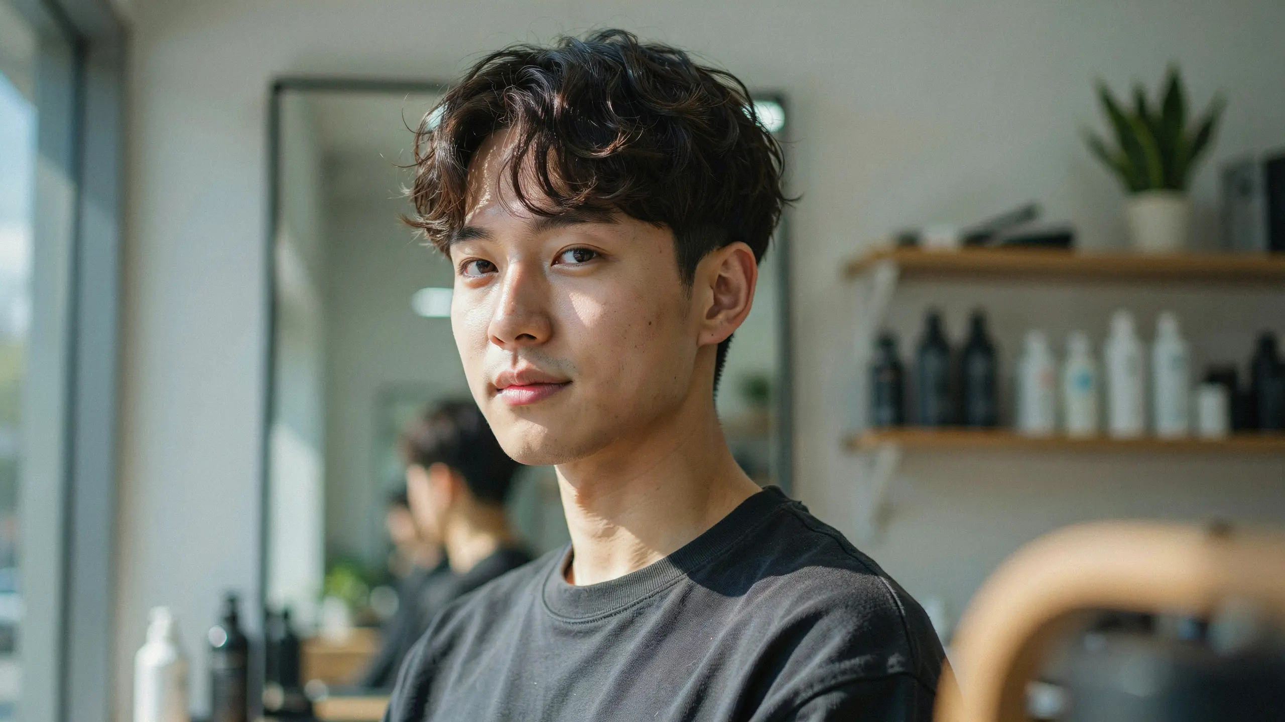 Man wearing a Korean two block perm with short tapered sides and a voluminous wavy top for a stylish modern look.