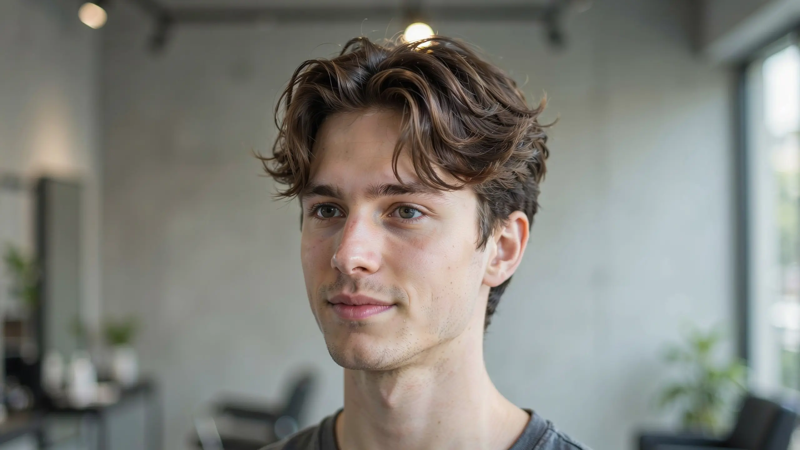 Man showing a Korean volume perm with lifted roots, fuller texture, and natural body that creates a balanced hairstyle.