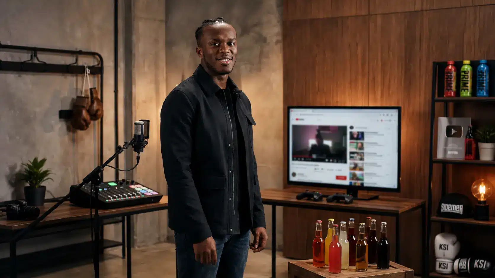 KSI surrounded by visual references to his YouTube, music, boxing, and beverage businesses