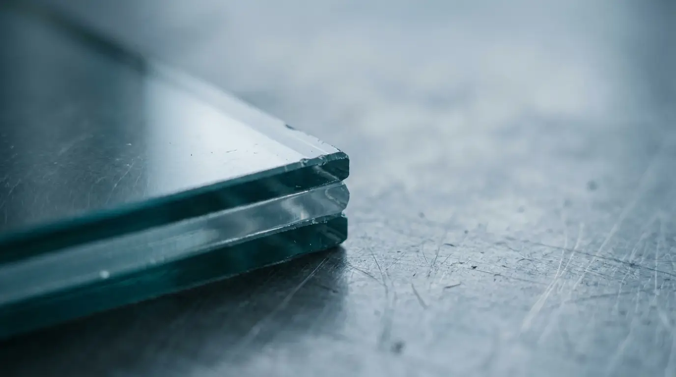 Close-up of stacked glass sheets on metallic surface with cool lighting