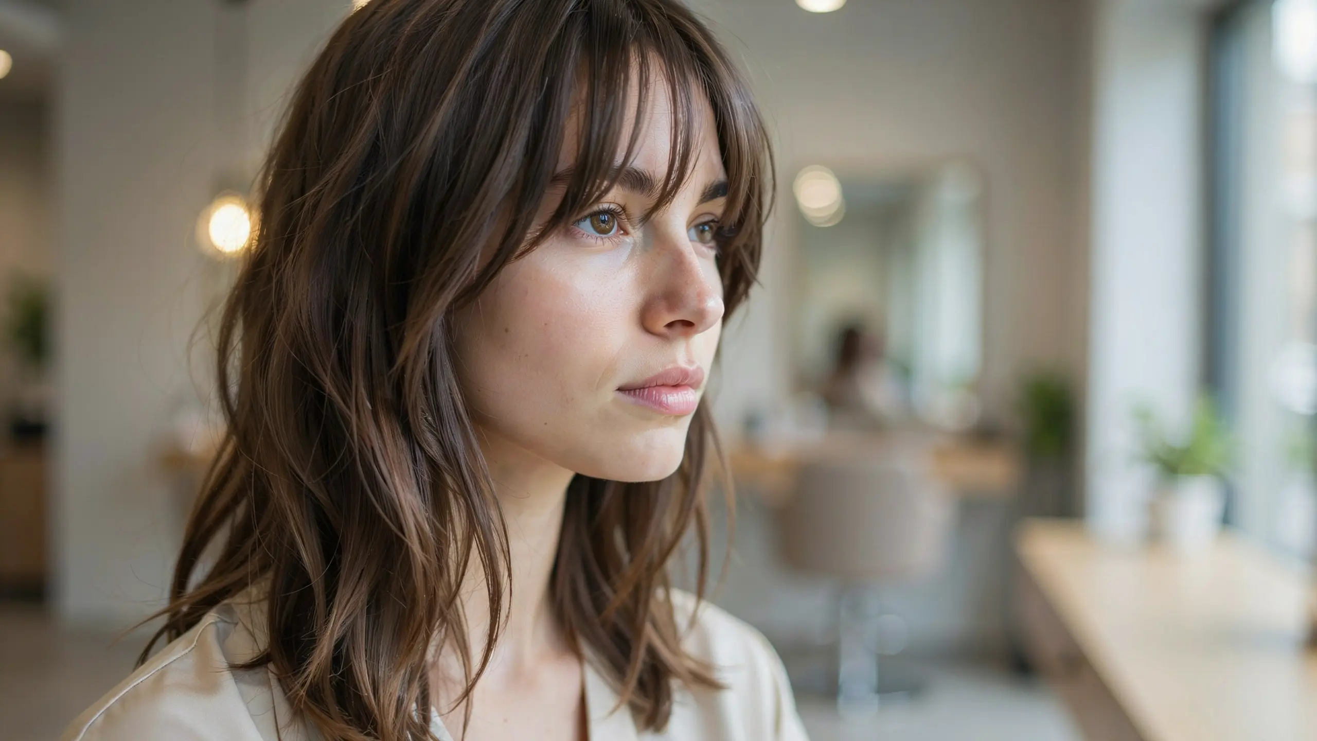Layered bangs blended into textured hair for added movement and natural volume