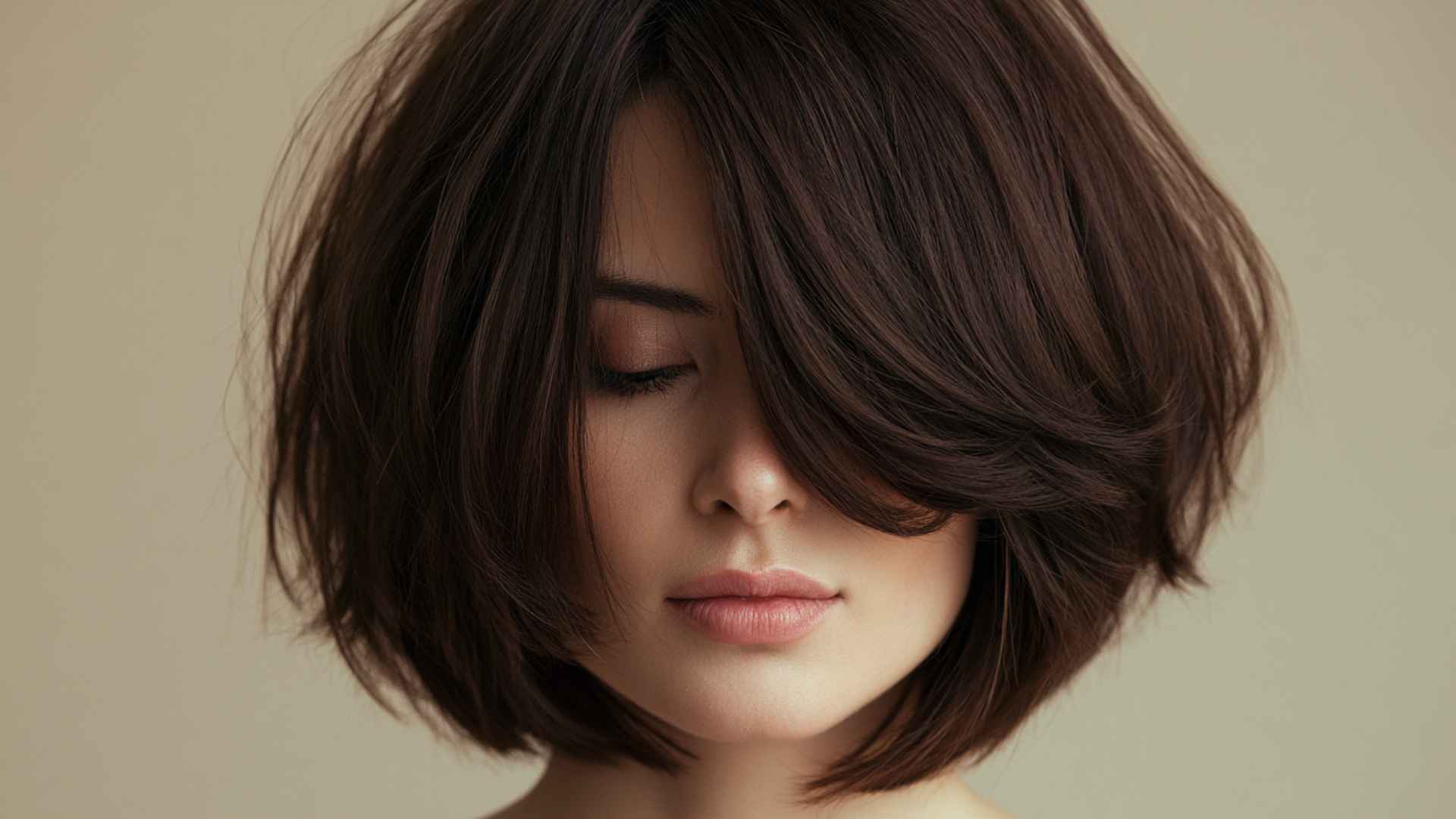 Woman with layered bob for thick hair featuring bulk reducing layers and controlled volume with smooth structure