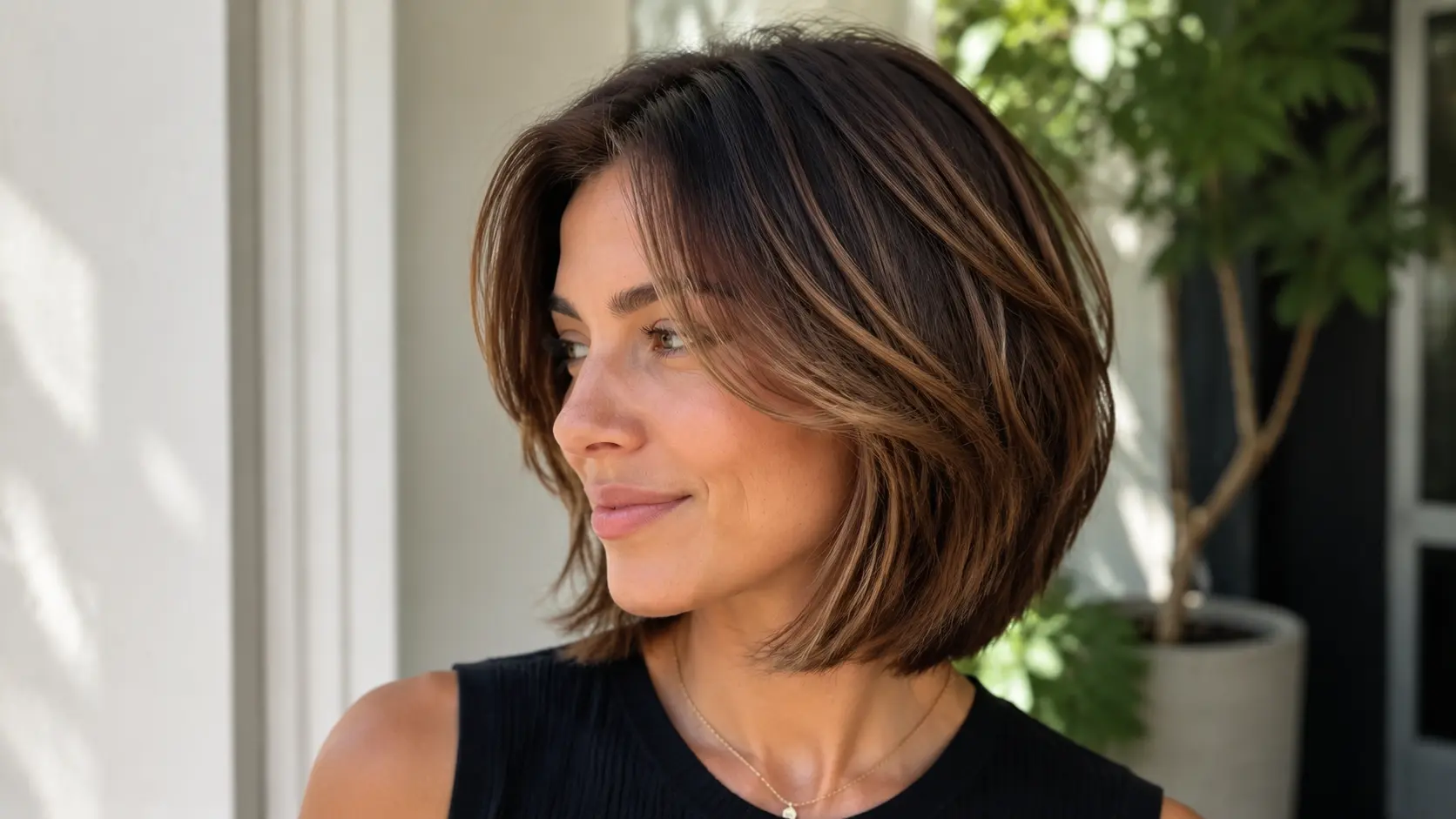 Woman with a chic layered bob haircut in natural sunlight, smiling softly in a modern indoor space.