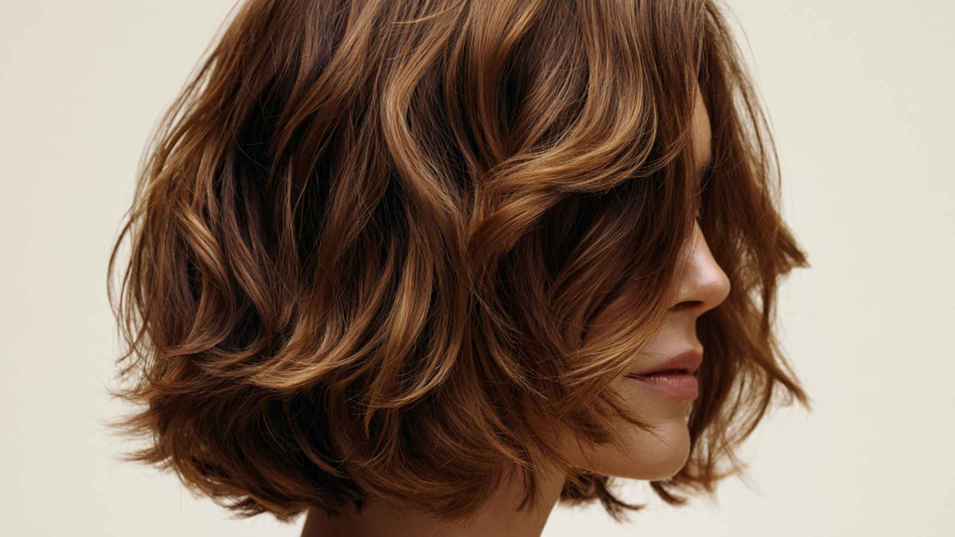 Woman with layered bob and balayage highlights creating soft dimension through wavy layers and natural light effect