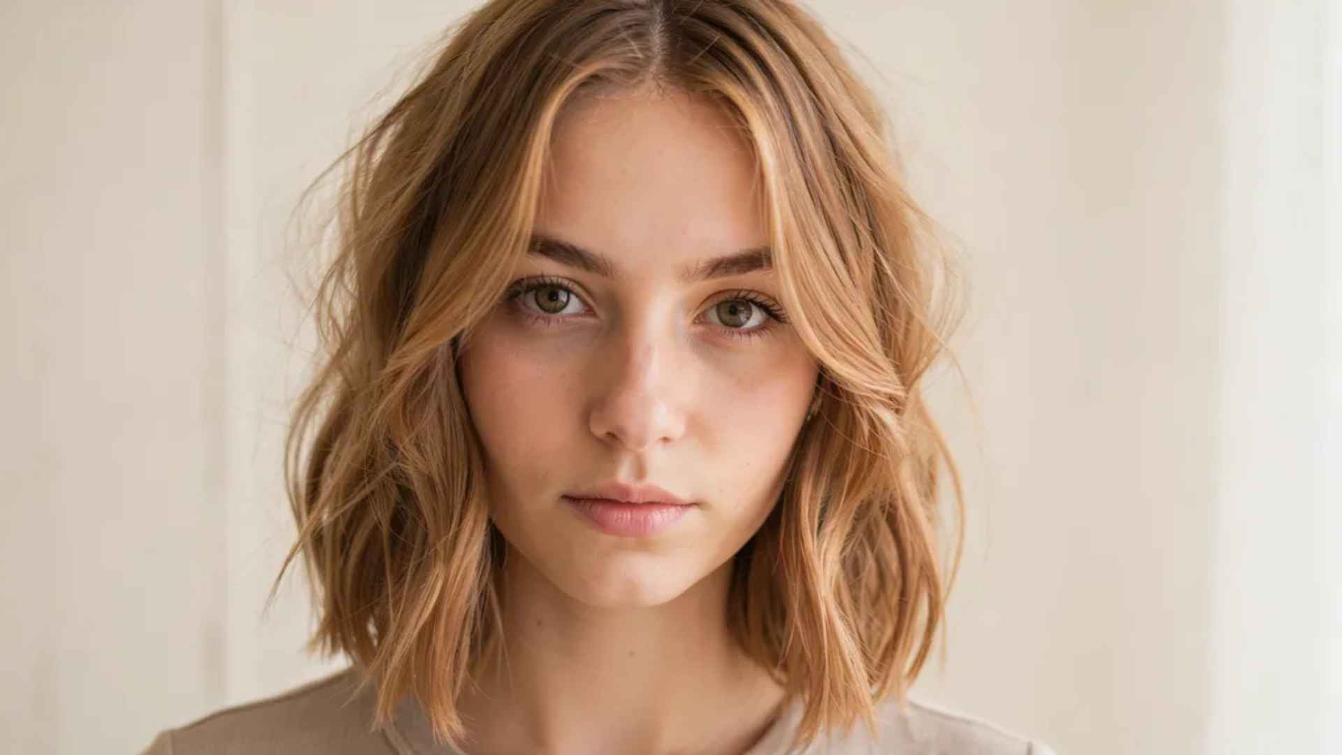 Woman with copper strawberry blonde layered bob featuring warm tones and soft face framing layers with natural waves