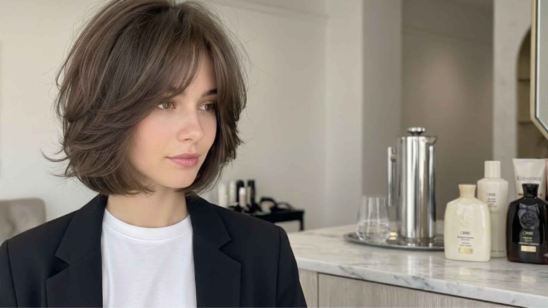 Woman with layered bob and curtain bangs parted center framing face with soft blended layers and natural flow