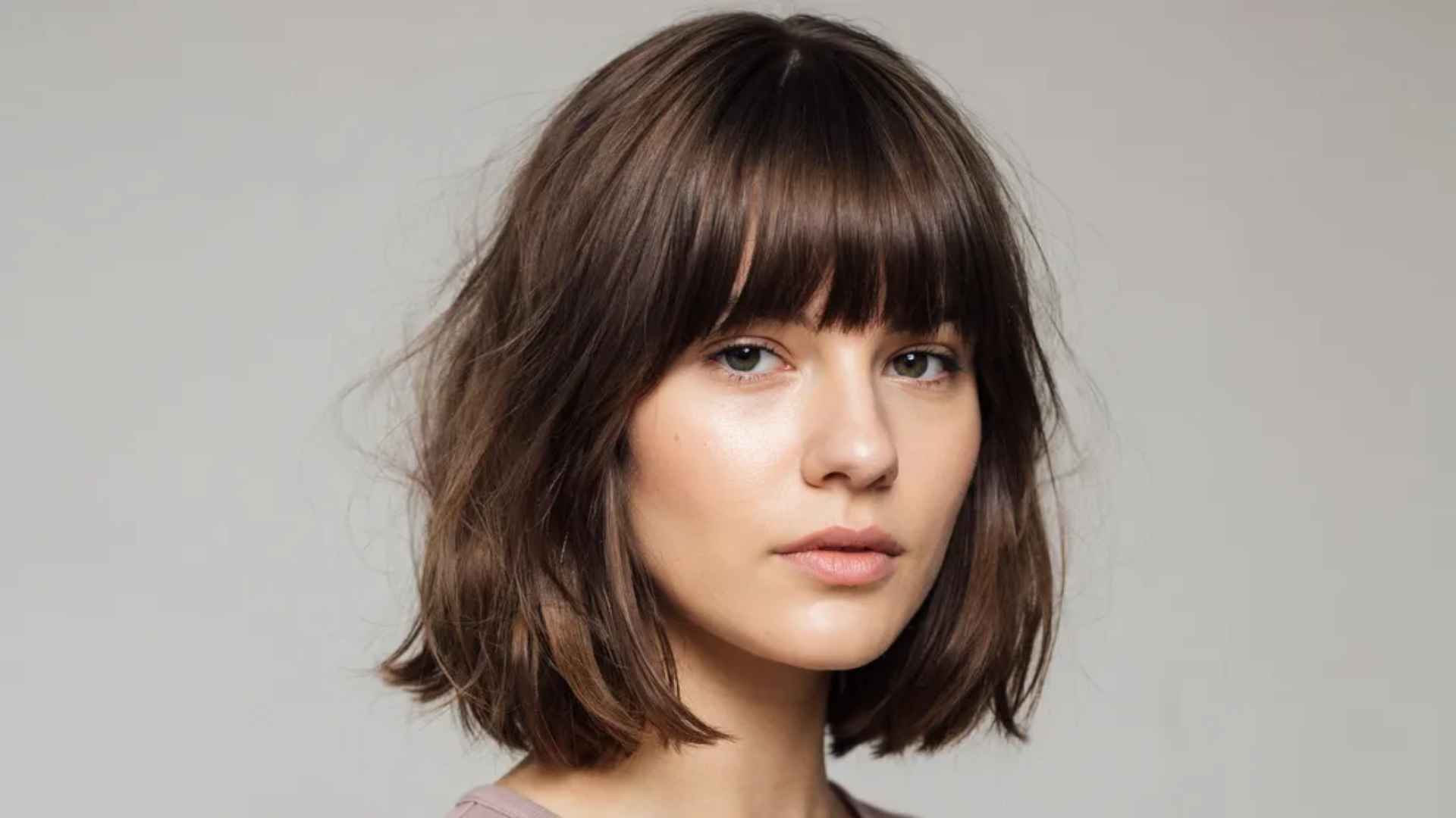 Woman with layered bob and full fringe across forehead paired with soft layers and smooth structured hair shape