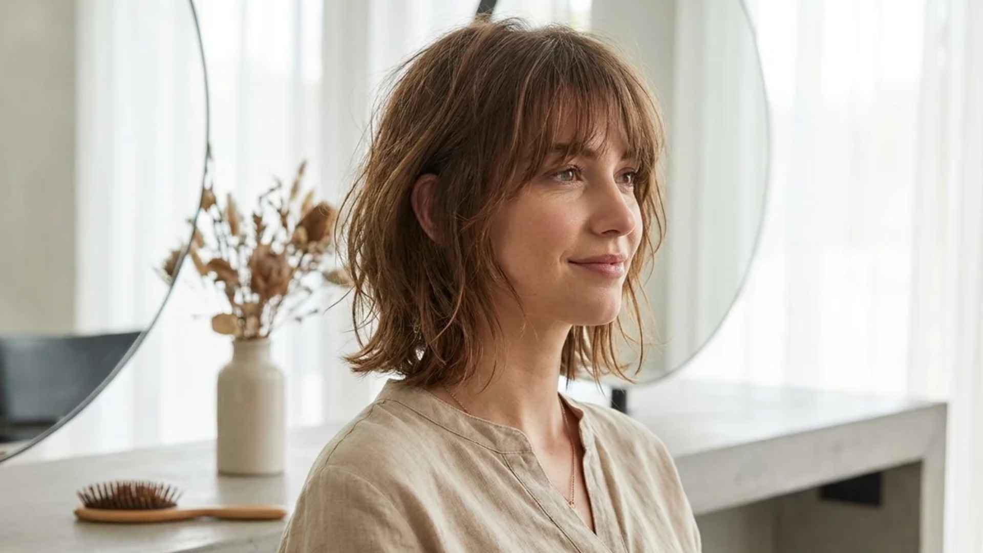 Woman with layered bob and soft wispy bangs lightly grazing forehead with natural tousled texture and movement