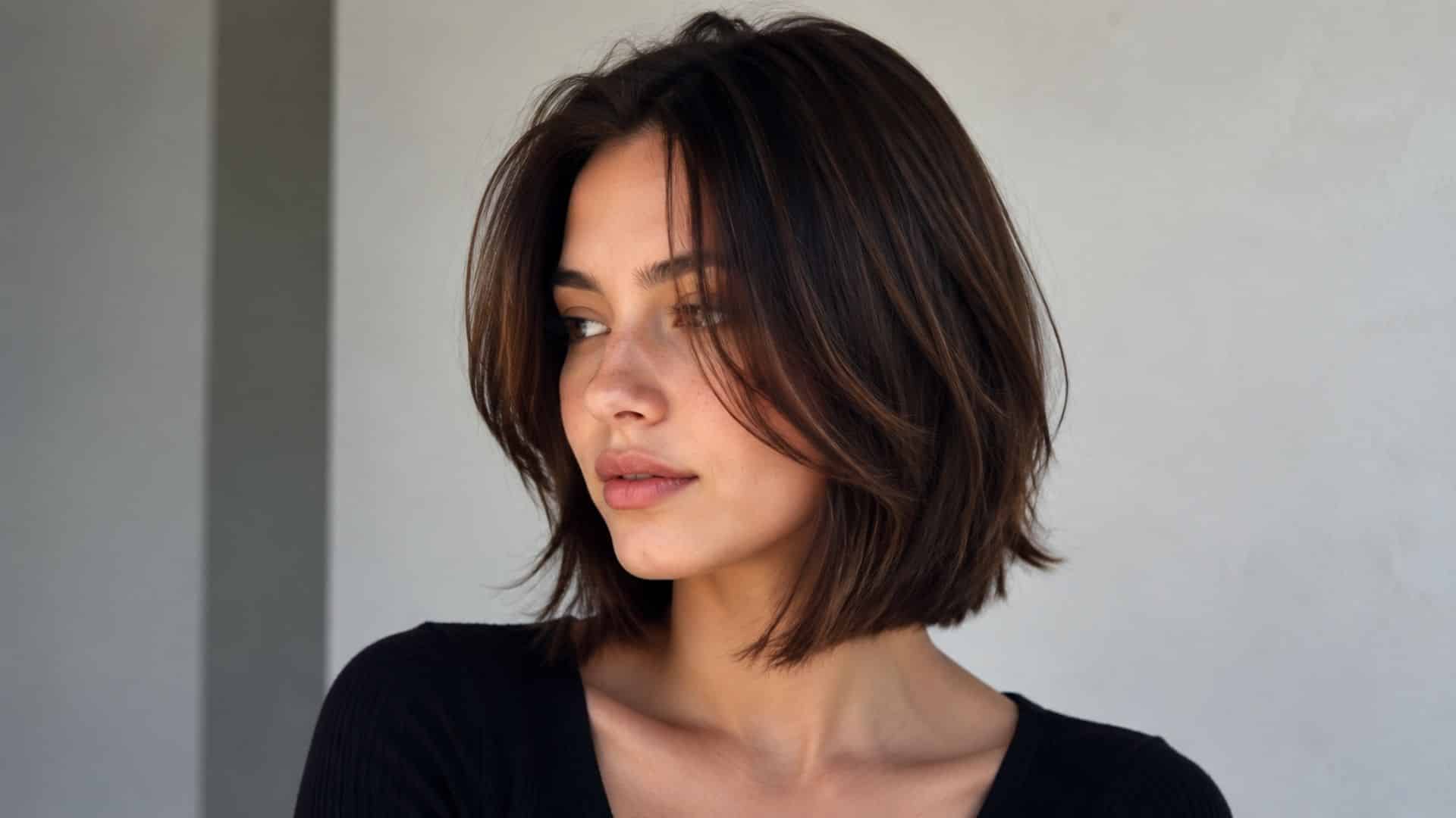 Layered bob with side-swept bangs and glossy brunette waves.