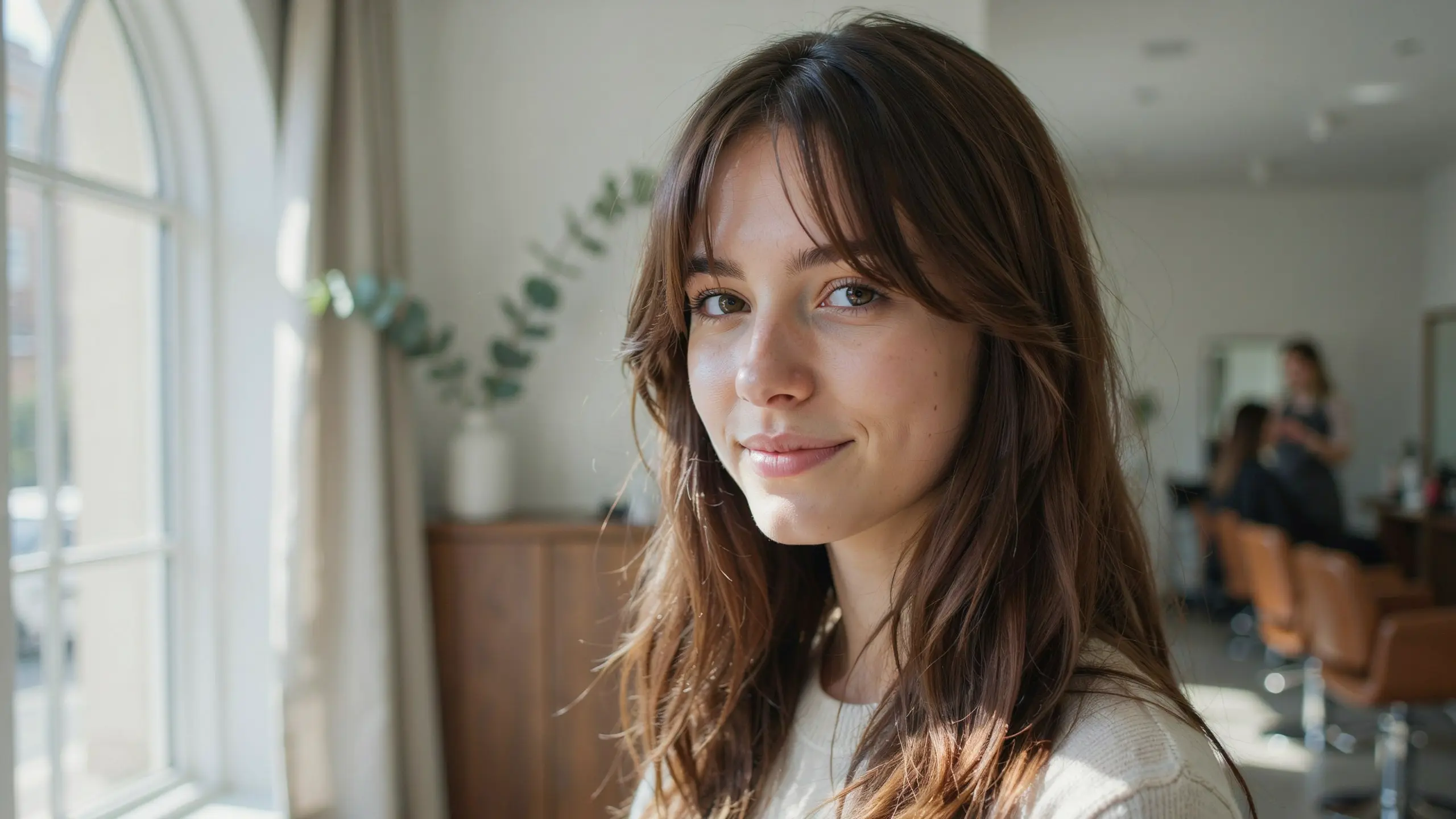 Layered curtain fringe with soft parted bangs and flowing face framing layers