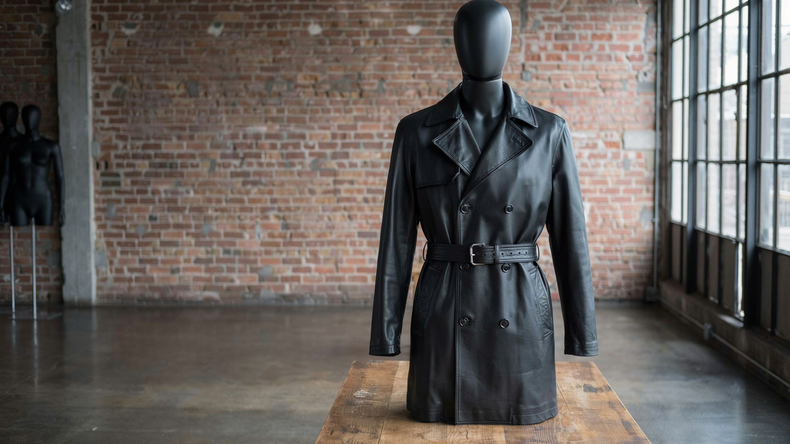 Black leather trench coat on a mannequin in an industrial showroom with exposed brick and large windows.