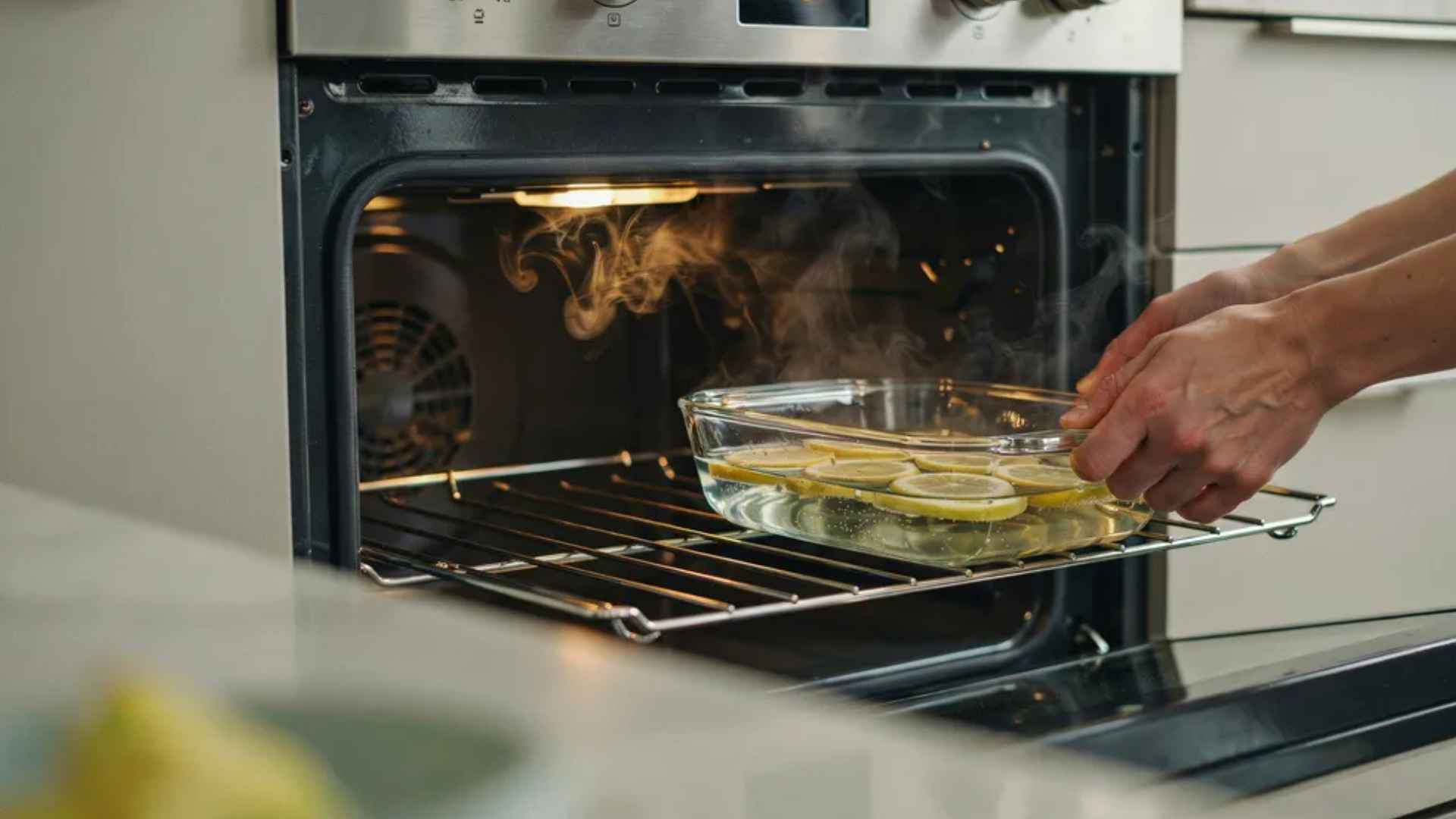 Hands placing lemon water dish in oven creating steam to loosen grease, natural cleaning process, warm kitchen light
