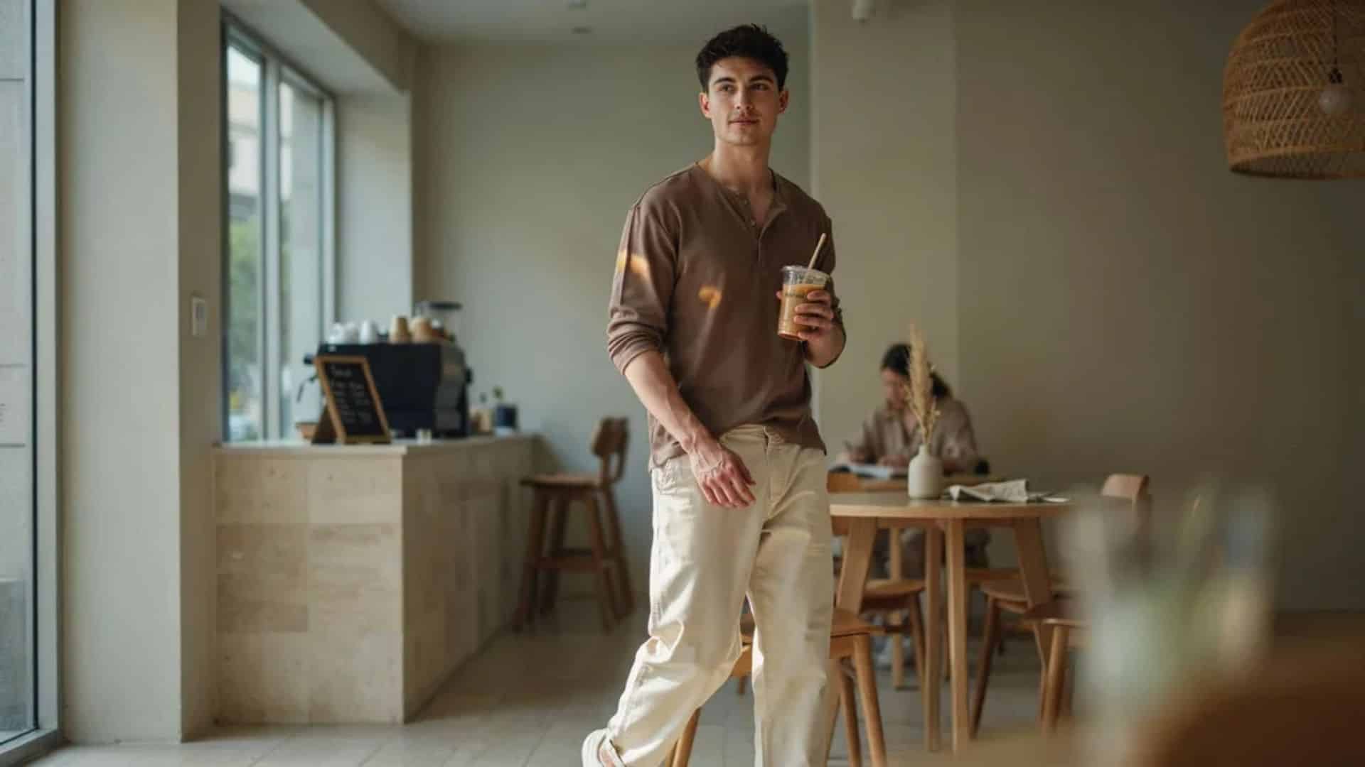 Man wearing brown henley and relaxed cream trousers holding drink in minimal cafe interior casual stylish outfit look na
