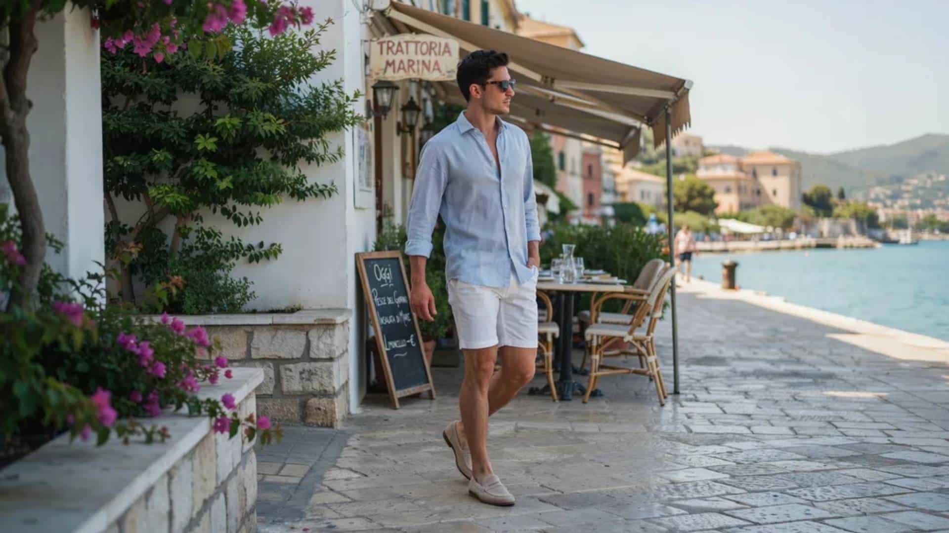 Man in light blue shirt white shorts and loafers walking seaside promenade in sunglasses near coastal restaurant outfit!